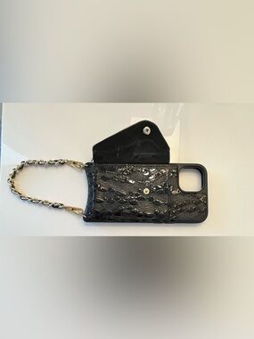 Bandolier black crocodile I phone 13 case and wallet with gold and leather chain